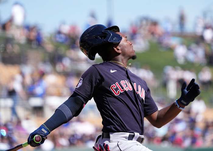Mar 13, 2023; Phoenix, Arizona, USA; Cleveland Guardians second baseman Angel Martinez (79) bats against the Los Angeles Dodgers during the second inning at Camelback Ranch-Glendale. Mandatory Credit: Joe Camporeale-USA TODAY Sports